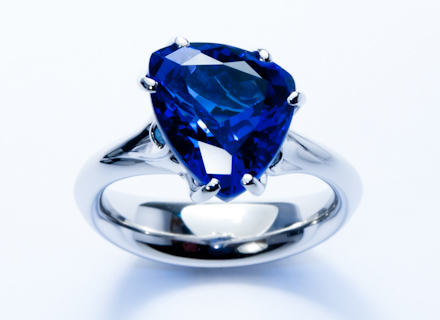 Winter Meadow platinum ring with trillion cut tanzanite and blue diamonds