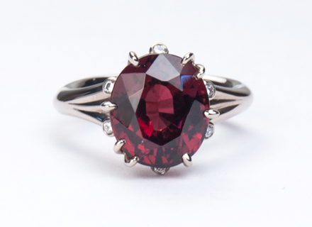 Fairtrade white gold Meadow ring set with a rhodolite garnet